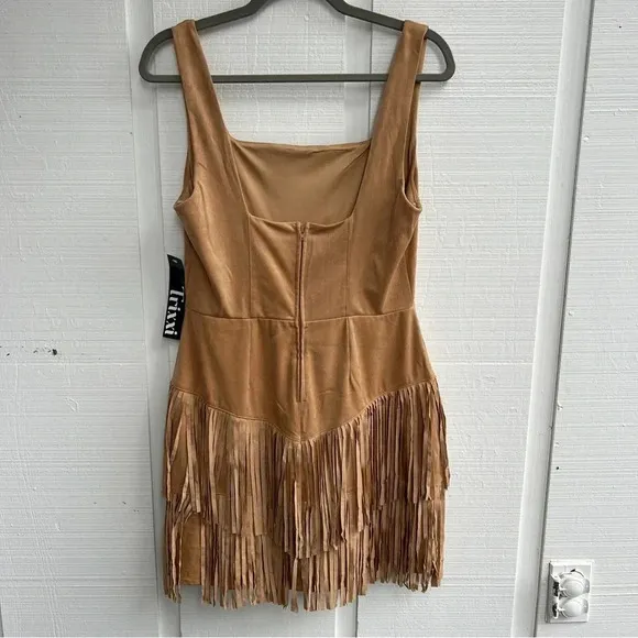 Trixxi Women’s Faux Suede Fringe Country Western Lined Square Neck Mini Dress L
