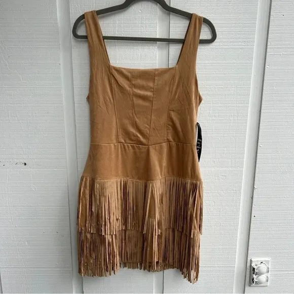 Trixxi Women’s Faux Suede Fringe Country Western Lined Square Neck Mini Dress L