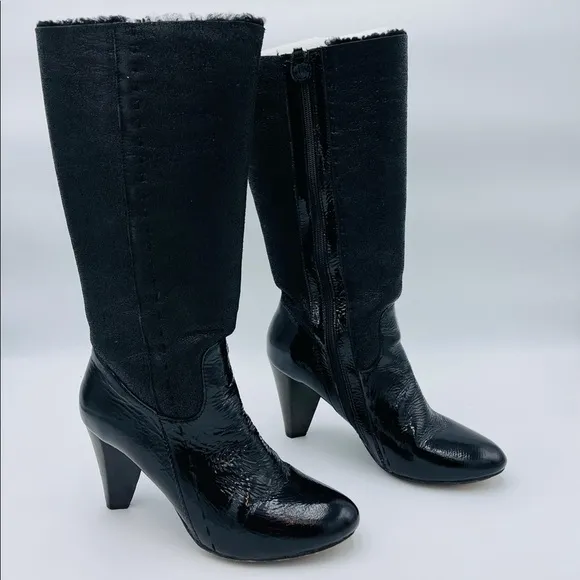 TRUE RELIGION BLACK TALL HEEL FAUX FUR BOOTS