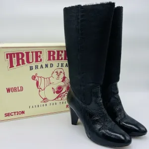 TRUE RELIGION BLACK TALL HEEL FAUX FUR BOOTS