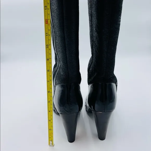 TRUE RELIGION BLACK TALL HEEL FAUX FUR BOOTS