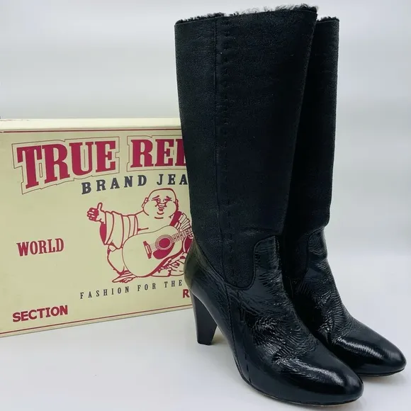 TRUE RELIGION BLACK TALL HEEL FAUX FUR BOOTS