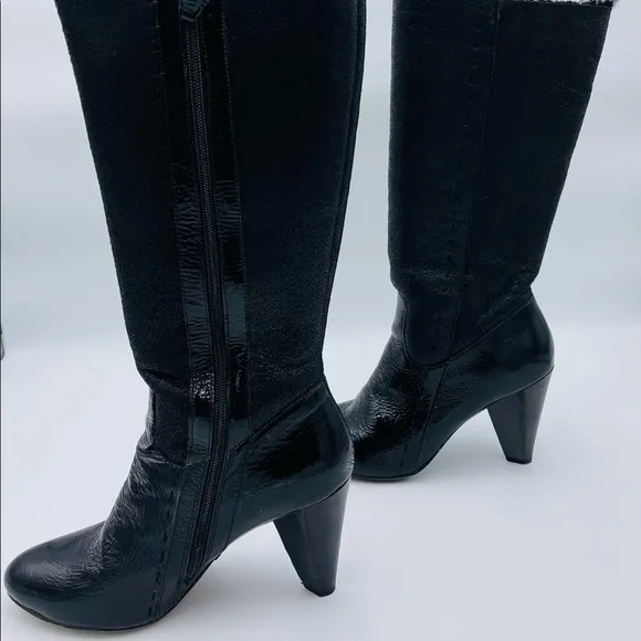TRUE RELIGION BLACK TALL HEEL FAUX FUR BOOTS