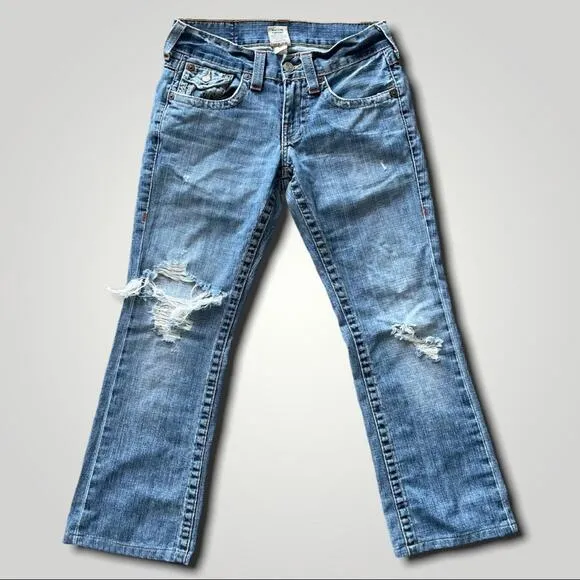 TRUE RELIGION Y2K DISTRESSED BILLY FLAP POCKET BOHO CROP BLUE JEANS 30