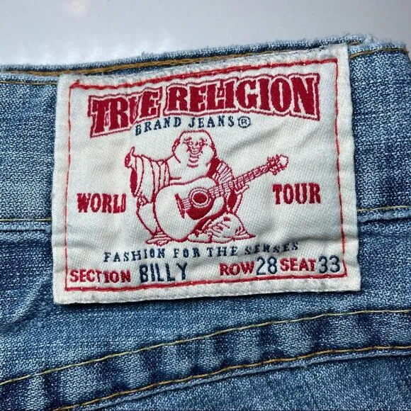 TRUE RELIGION Y2K DISTRESSED BILLY FLAP POCKET BOHO CROP BLUE JEANS 30