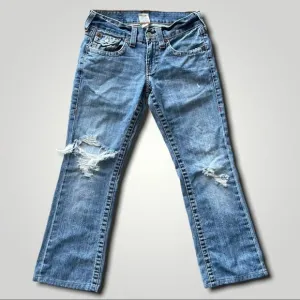 TRUE RELIGION Y2K DISTRESSED BILLY FLAP POCKET BOHO CROP BLUE JEANS 30