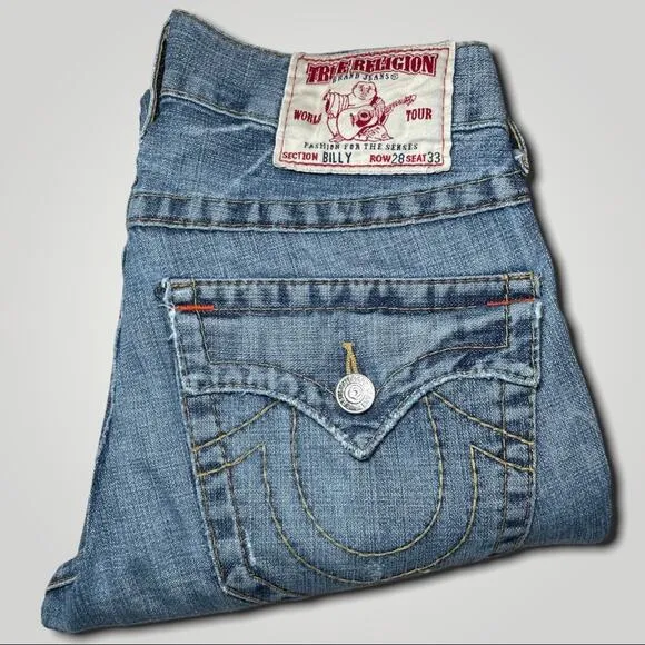 TRUE RELIGION Y2K DISTRESSED BILLY FLAP POCKET BOHO CROP BLUE JEANS 30