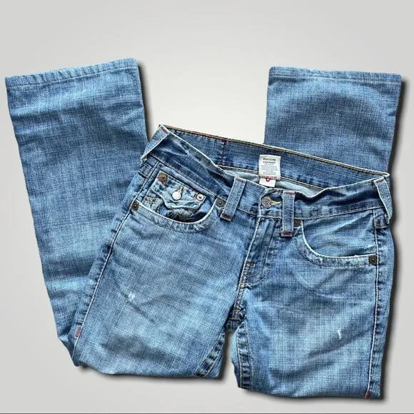 TRUE RELIGION Y2K DISTRESSED BILLY FLAP POCKET BOHO CROP BLUE JEANS 30