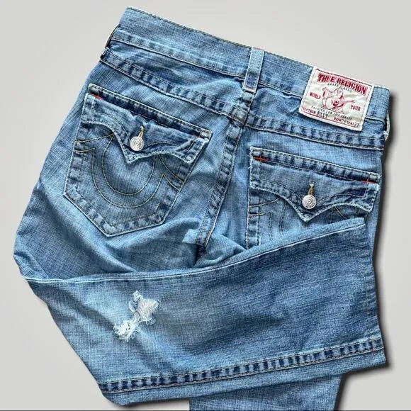 TRUE RELIGION Y2K DISTRESSED BILLY FLAP POCKET BOHO CROP BLUE JEANS 30