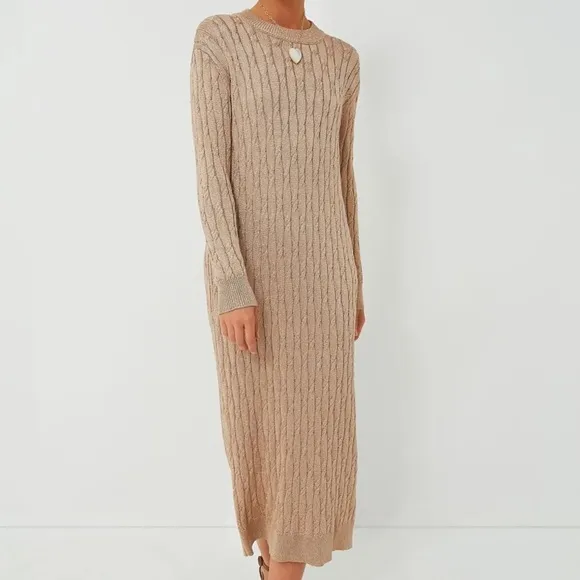 Tuckernuck Gold Metallic Cable Knit Long Sleeve Midi Dress size Medium