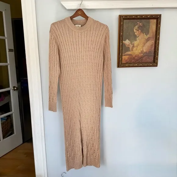 Tuckernuck Gold Metallic Cable Knit Long Sleeve Midi Dress size Medium