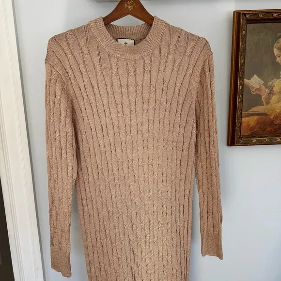 Tuckernuck Gold Metallic Cable Knit Long Sleeve Midi Dress size Medium