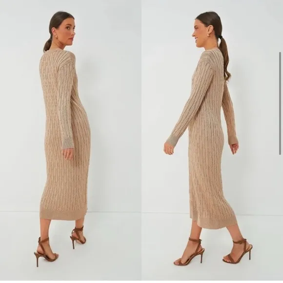 Tuckernuck Gold Metallic Cable Knit Long Sleeve Midi Dress size Medium