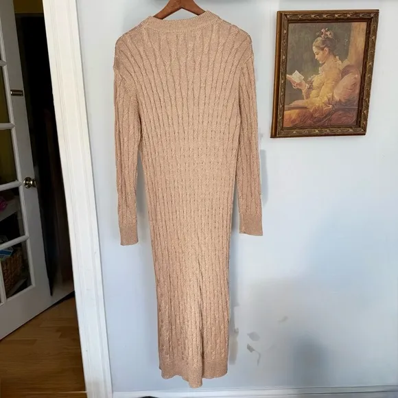 Tuckernuck Gold Metallic Cable Knit Long Sleeve Midi Dress size Medium