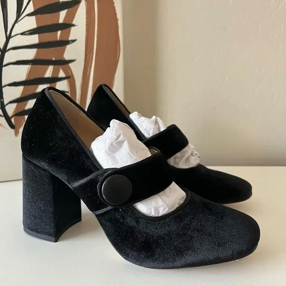 Tuckernuck Heels Ellie Black Velvet Mary Jane Block Heel Shoes Size 6