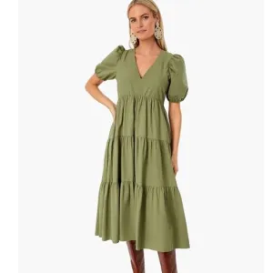 Tuckernuck Hyacinth House Olive Green Tiered Midi Dress - 100% Cotton