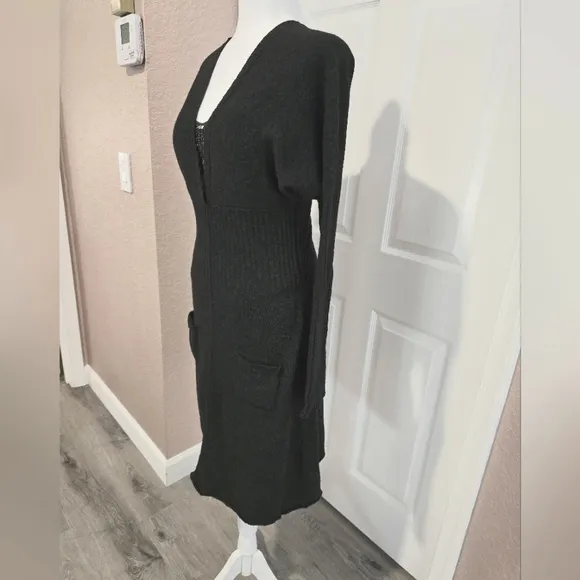 TWEEN-SET Deep Gray A-line Ribbed Long Sleeve Wool Dress with Bishop Sleeves