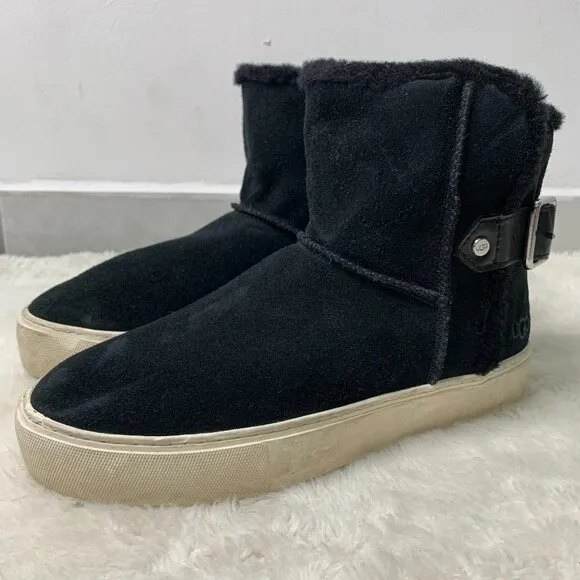 UGG 1104069 Aika Black Suede Leather Pull On Sporty Cozy Sneaker Ankle Boots 7
