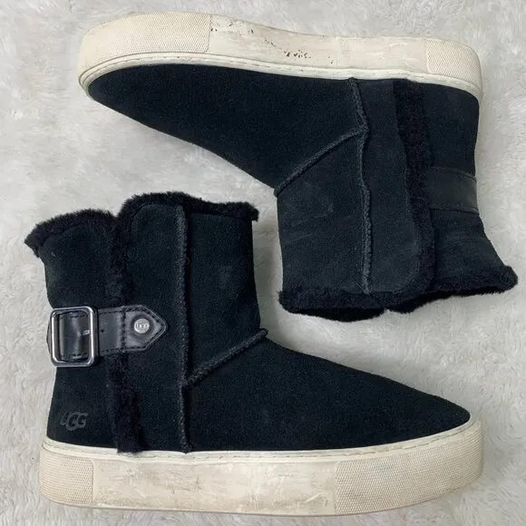 UGG 1104069 Aika Black Suede Leather Pull On Sporty Cozy Sneaker Ankle Boots 7