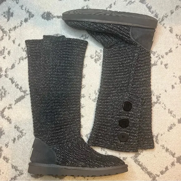 UGG AUSTRALIA Cardy Wool Sheepskin Metallic Grey Knit Tall Short Fall Boots