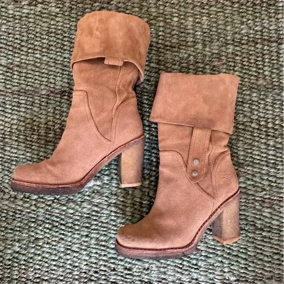 UGG Australia JOSIE Chestnut Convertible Cuff Suede High Heel Boots Size 6