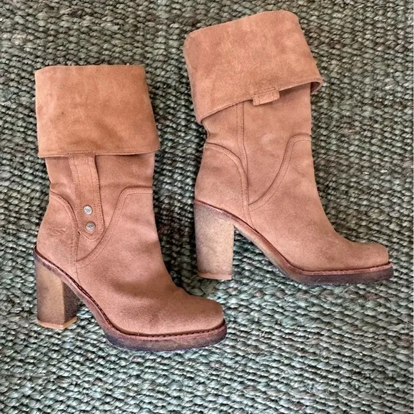 UGG Australia JOSIE Chestnut Convertible Cuff Suede High Heel Boots Size 6