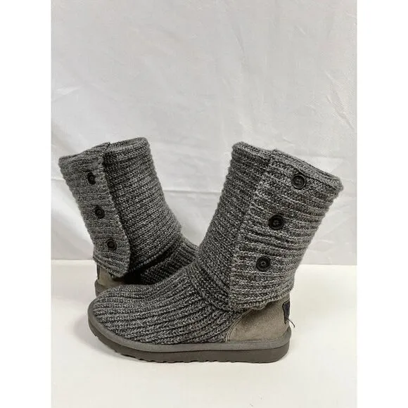 UGG Australia Womens Classic Cardy Boots Gray Wool Knit Big Button Tall Size 7