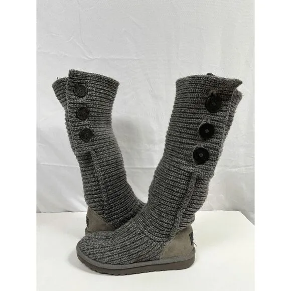 UGG Australia Womens Classic Cardy Boots Gray Wool Knit Big Button Tall Size 7