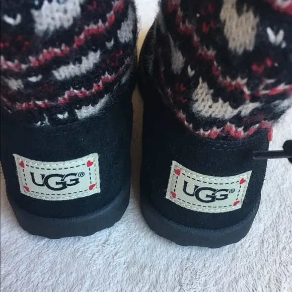 UGG Boots, Girls Size 2, Black Red &amp; Tan Heart Pattern. NEW