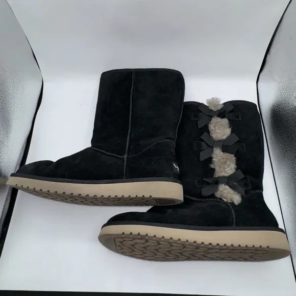 UGG Boots Women's Sz 9 Victoria Tall Black Suede Fur Lined Bow Shearling Y2K