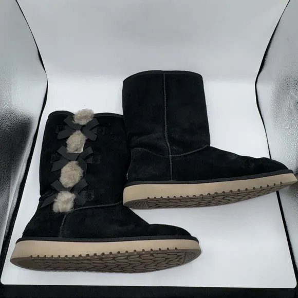 UGG Boots Women's Sz 9 Victoria Tall Black Suede Fur Lined Bow Shearling Y2K