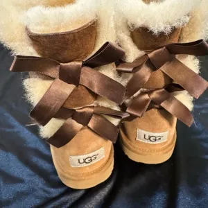 UGG Brown Shearling Boots with Ribbon Detail