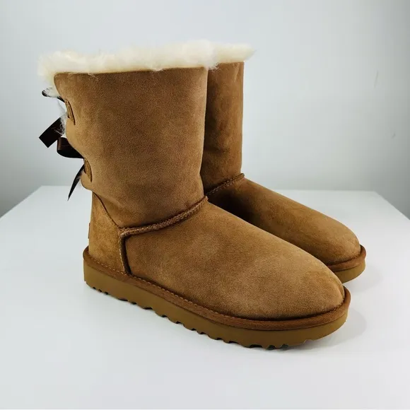 UGG Chestnut Tan Bailey Bow Il Suede Sheepskin Classic Cozy Winter Boots NWT