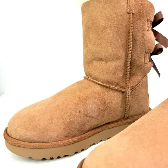 UGG Chestnut Tan Bailey Bow Il Suede Sheepskin Classic Cozy Winter Boots NWT