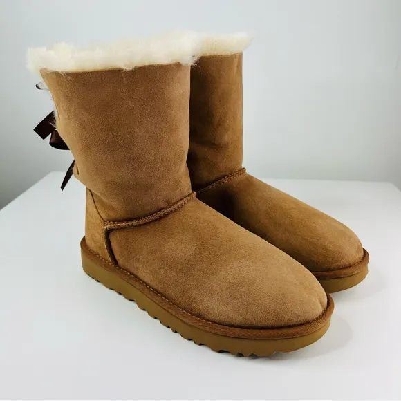 UGG Chestnut Tan Bailey Bow Il Suede Sheepskin Classic Cozy Winter Boots NWT
