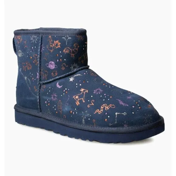UGG Classic Mini Zodiac Starry Night Navy Blue Suede Boots Size 9 Women Metallic