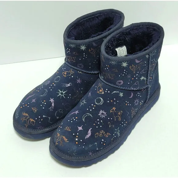 UGG Classic Mini Zodiac Starry Night Navy Blue Suede Boots Size 9 Women Metallic