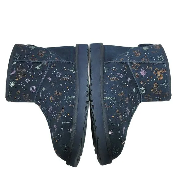 UGG Classic Mini Zodiac Starry Night Navy Blue Suede Boots Size 9 Women Metallic