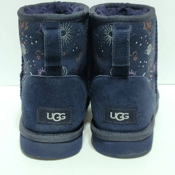 UGG Classic Mini Zodiac Starry Night Navy Blue Suede Boots Size 9 Women Metallic