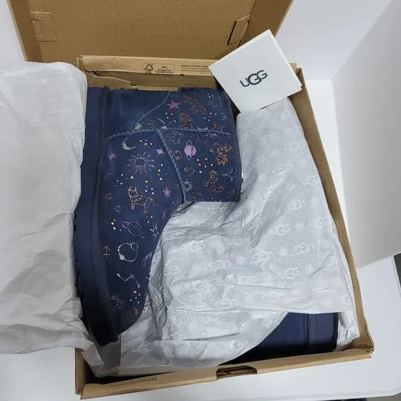 UGG Classic Mini Zodiac Starry Night Navy Blue Suede Boots Size 9 Women Metallic
