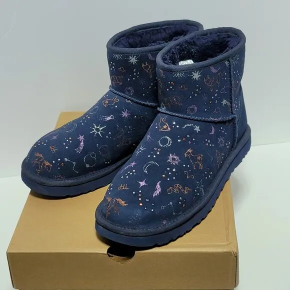 UGG Classic Mini Zodiac Starry Night Navy Blue Suede Boots Size 9 Women Metallic