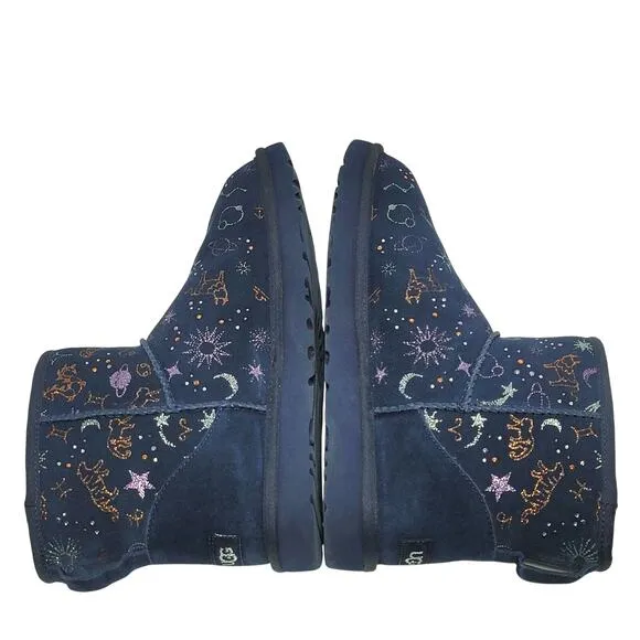 UGG Classic Mini Zodiac Starry Night Navy Blue Suede Boots Size 9 Women Metallic