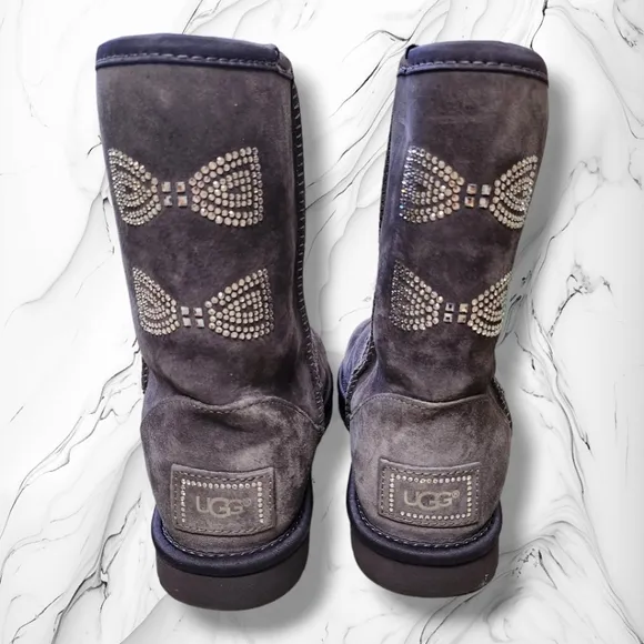 Ugg Classic Short Boots Swarovski Crystal Bows Gray Women size 7