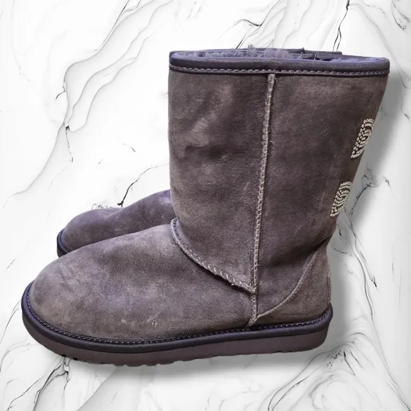 Ugg Classic Short Boots Swarovski Crystal Bows Gray Women size 7