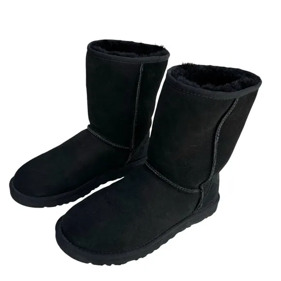 UGG Classic Short II Black Suede Leather Shearling Sheepskin Boots Womens