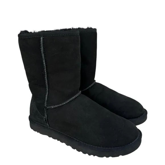 UGG Classic Short II Black Suede Leather Shearling Sheepskin Boots Womens