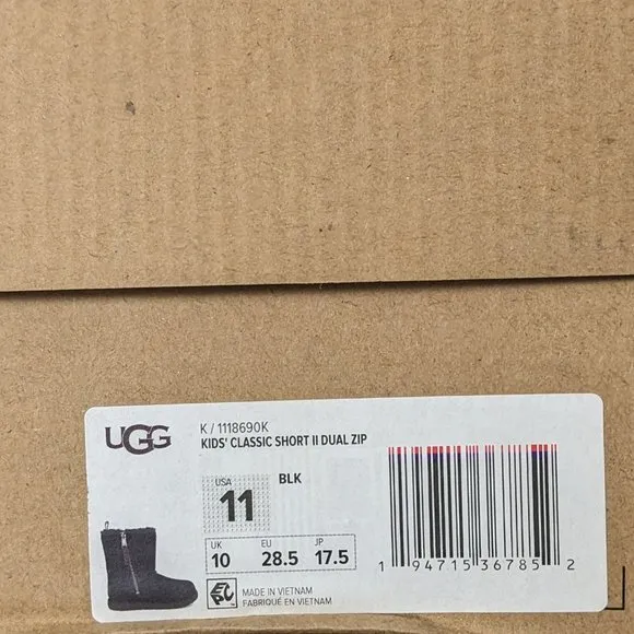 UGG Classic Short II Dual Zip Boots, Black Suede, Little Kids 11 M