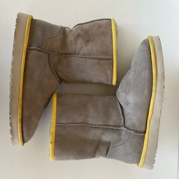 Ugg Classic Short II Limited Edition Grey with Yellow Piping Winter Boots, 10