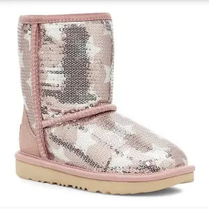UGG Classic Short II Sequin Star Pink Crystal Boots Youth Size 8 NWT