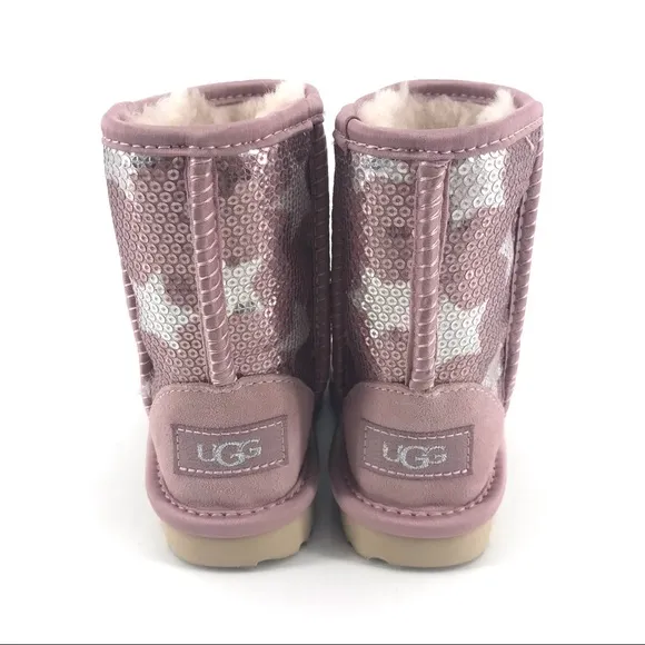 UGG Classic Short II Sequin Star Pink Crystal Boots Youth Size 8 NWT